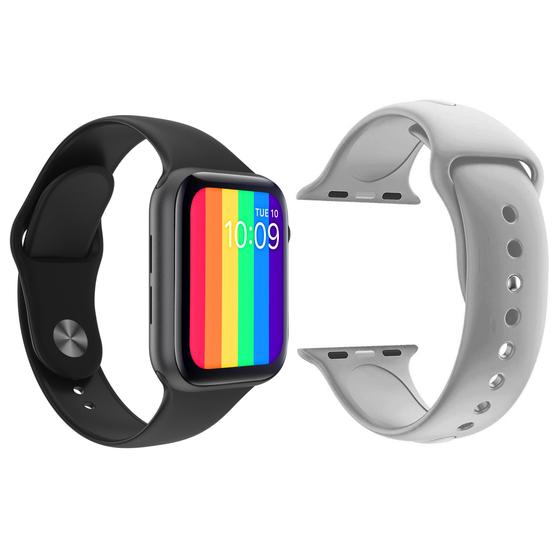 Imagem de Kit 1 Relógio Inteligente SmartWatch W12 Lite Preto Android iOS + 1 Pulseira Silicone Cinza