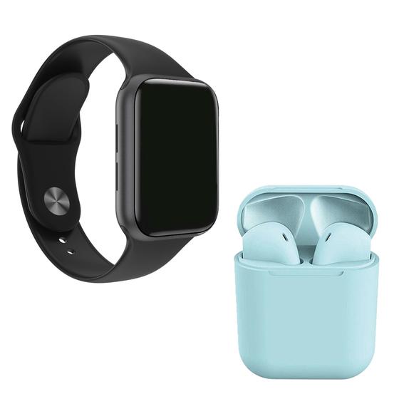 Imagem de Kit 1 Relógio Inteligente SmartWatch W34 S Preto Troca Pulseira + 1 Fone Bt inPods i12 Azul Claro