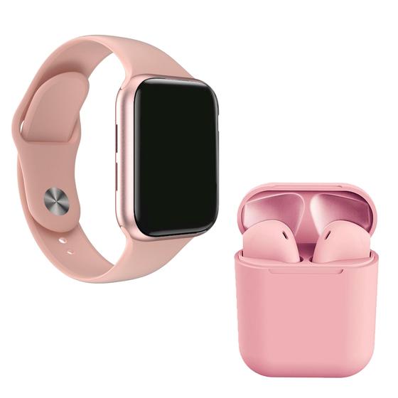 Imagem de Kit 1 Relógio Inteligente SmartWatch W34 S Rosa Troca Pulseira + 1 Fone Bt inPods i12 Rosa