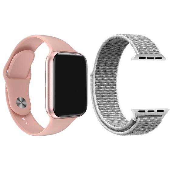 Imagem de Kit 1 Relógio Inteligente SmartWatch W8 Lite Plus Rosa + 1 Pulseira Extra Nylon Branco