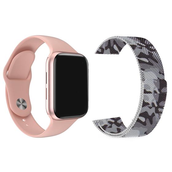 Imagem de Kit 1 Relógio Inteligente SmartWatch W9 Lite Rosa Android iOS + 1 Pulseira Extra Milanese Camuflada