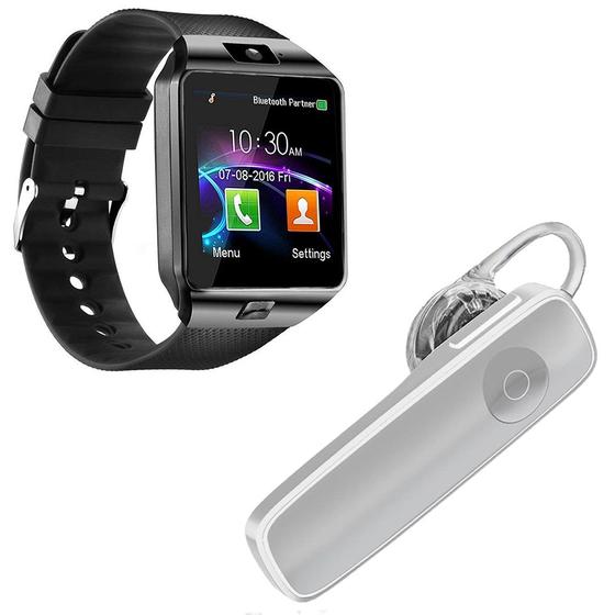 Imagem de Kit 1 Relógio SmartWatch DZ09 Preto + 1 Fone De Ouvido Bluetooth Headset Branco