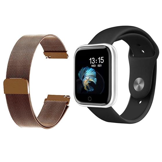 Imagem de Kit 1 Relógio Smartwatch P70 Monitor de Saúde Prata Android iOS + 1 Pulseira Milanesa Rose Gold