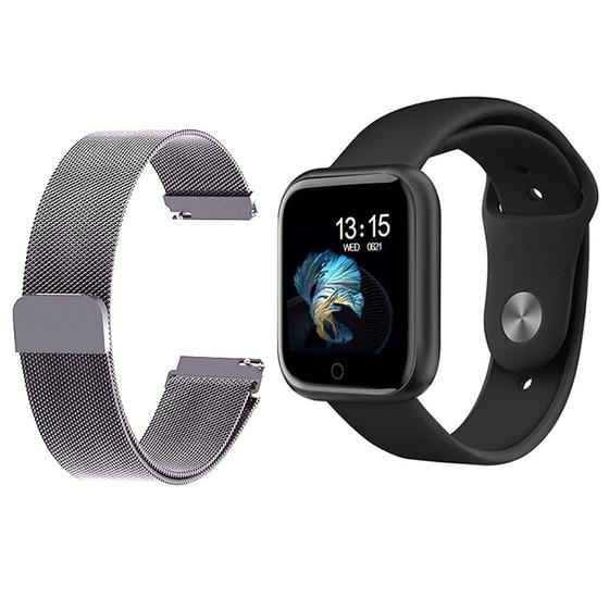 Imagem de Kit 1 Relógio Smartwatch P70 Monitor de Saúde Preto Android iOS + 1 Pulseira Milanesa Prata