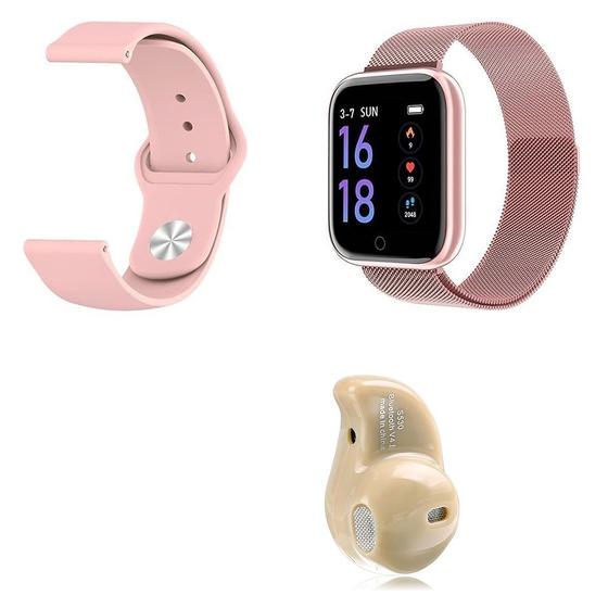 Imagem de Kit 1 Relógio Smartwatch P70 Rosa Android iOS + 1 Pulseira Extra + 1 Mini Fone Bluetooth Marfim