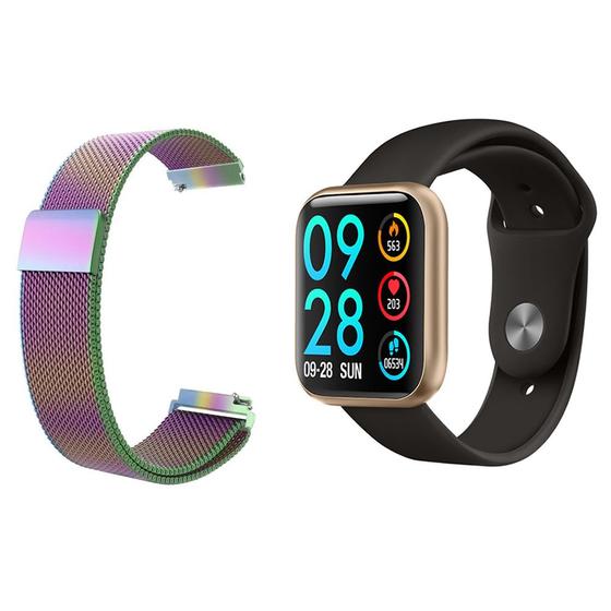 Imagem de Kit 1 Relógio Smartwatch P80 Monitor de Saúde Dourado Android iOS + 1 Pulseira Milanesa Arco Íris