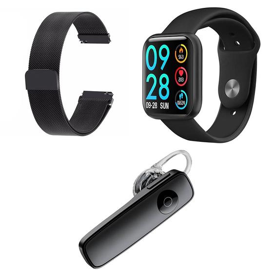 Imagem de Kit 1 Relógio Smartwatch P80 Monitor de Saúde Prata Android iOS + 1 Pulseira Milanesa Preto