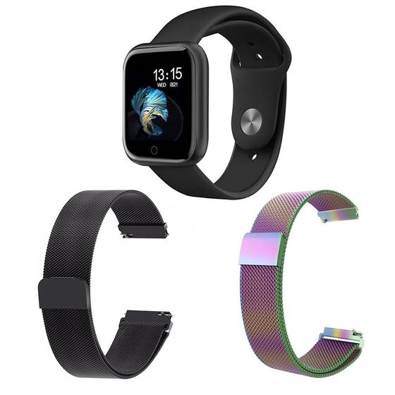 Imagem de Kit 1 Relógio Smartwatch T80 Monitor de Saúde Preto Android iOS + 2 Pulseiras Milanesa Preto e Arco Íris