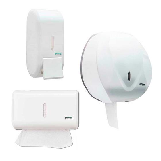 Imagem de Kit 1 saboneteira porta sabonete líquido álcool + 1 toalheiro + 1 dispenser papel higiênico rolao