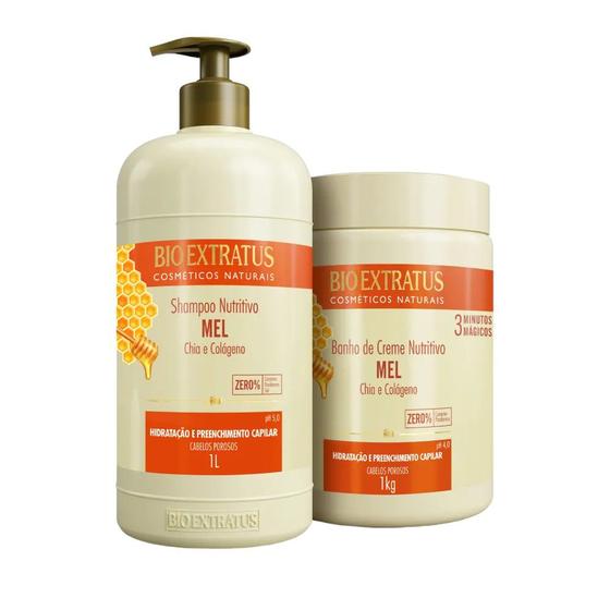 Imagem de Kit 1 Shampoo 1 Banho de Creme Mel Nutritivo 1 Bio Extratus