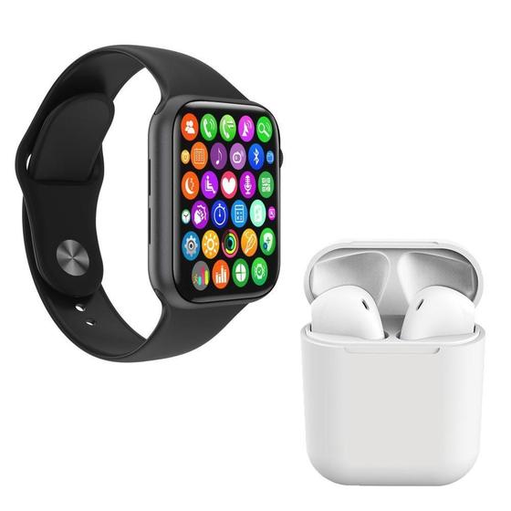 Imagem de Kit 1 Smartwatch Preto + 1 Fone Bluetooth Inpods I12 Branco