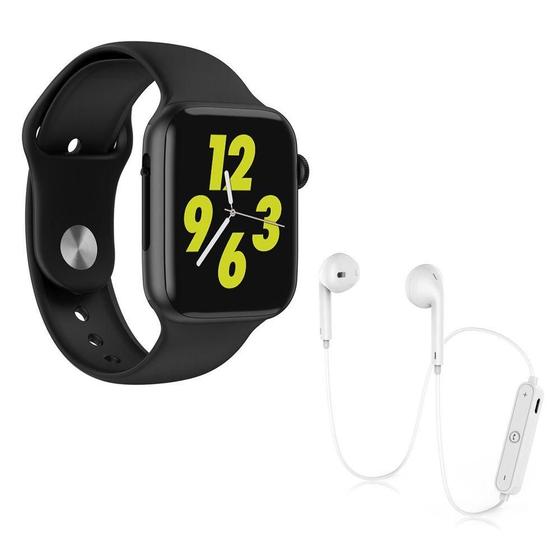 Imagem de Kit 1 Smartwatch W34 Preto + 1 Fone Bluetooth S6 Branco