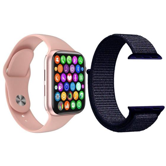 Imagem de Kit 1 Smartwatch W34 S Rosa + 1 Pulseira Azul Meia Noite