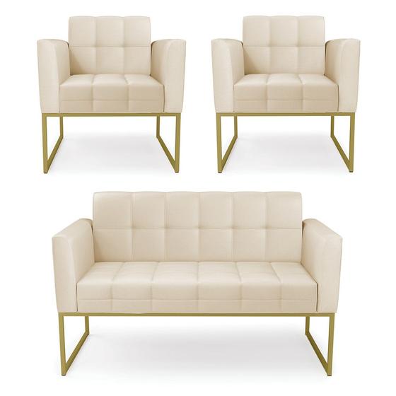 Imagem de Kit 1 Sofá Namoradeira e 2 Poltronas Elisa material sintético Bege Base Metálica Industrial Dourado - D'Rossi