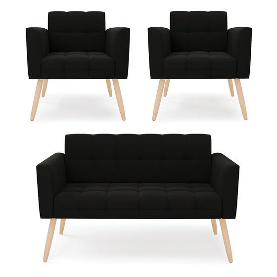 Imagem de Kit 1 Sofá Namoradeira e 2 Poltronas Elisa Suede Pés Palito Natural - D'Rossi