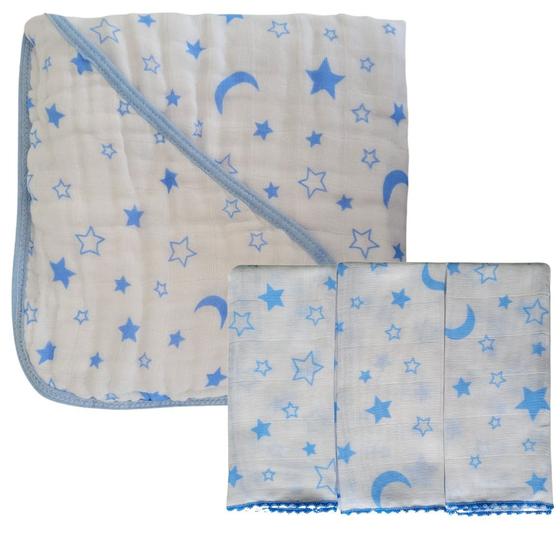 Imagem de Kit 1 Toalha Banho Bebê Fralda Soft Capuz + 3 Paninho de Boca 100% algodão macia Enxoval Higiene Maternidade Menino Chá