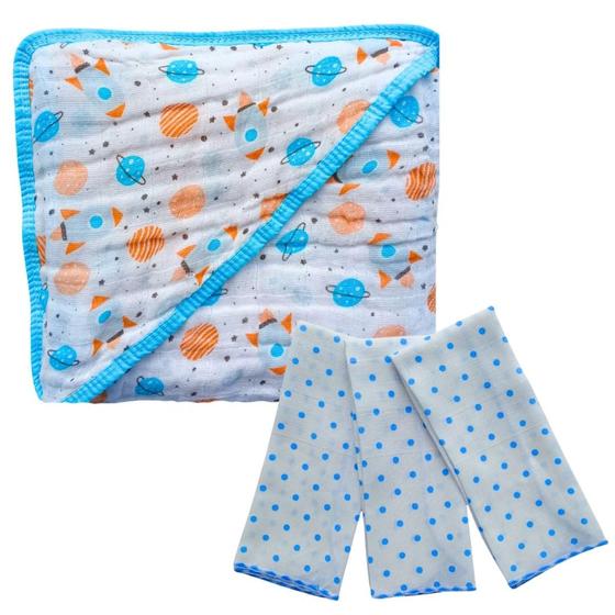 Imagem de kit 1 Toalha Banho Soft Capuz de Fralda 100% algodão grossa  + 3 Pano Boca Babete Bebe Enxoval