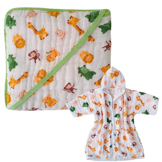 Imagem de Kit 1 Toalha de Banho Bebe Soft com Capuz de Fralda + 1 Roupão com Capuz Soft 100% algodão Enxoval
