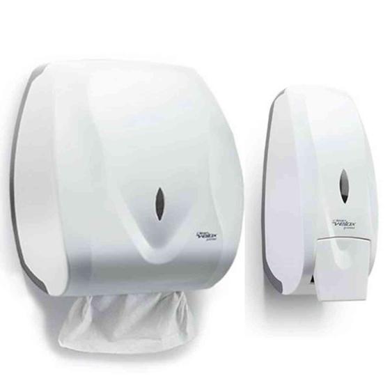 Imagem de KIT 1 TOALHEIRO PREMISSE VELOX 2/3 DOBRAS BRANCO + 1 SABONETEIRA COM RESERVATÓRIO 800ml