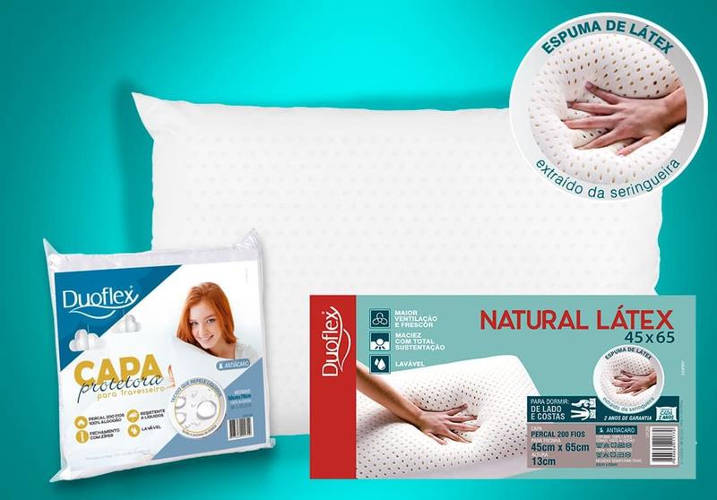 Kit 1 Travesseiro de Látex Natural 45x65cm + 1 Capa Impermeável Menor preço em Kit 1 Travesseiro de Látex Natural 45x65cm + 1 Capa Impermeável