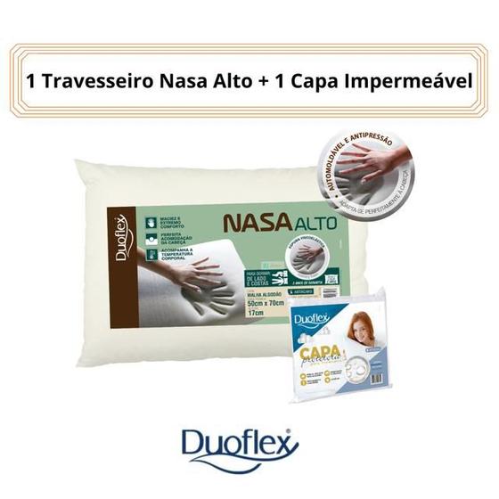 Imagem de Kit 1 Travesseiro Nasa Alto  + 1 Capa Impermeável c/ Zíper Duoflex - Com Total Proteção Antiácaros, Fungos e Bactérias.