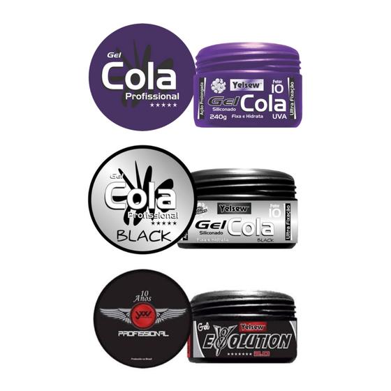 Imagem de Kit 1 Uni Gel Cola Uva 240g Yelsew, 1 Uni Gel Cola Black, 1 Uni Gel Evolution 240g Yelsew