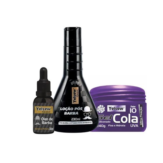 Imagem de Kit 1 Uni Óleo de Barba Yelsew, 1 Uni Loção Pós Barba, 1 Uni Gel Cola Uva Yelsew