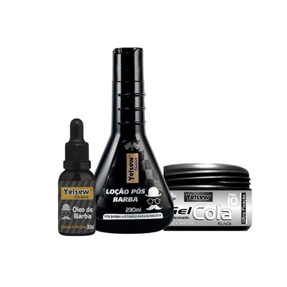 Imagem de Kit 1 Uni Óleo de Barba Yelsew, 1 Uni Loção Pós Barba Yelsew, 1 Uni Gel Cola Black Yelsew