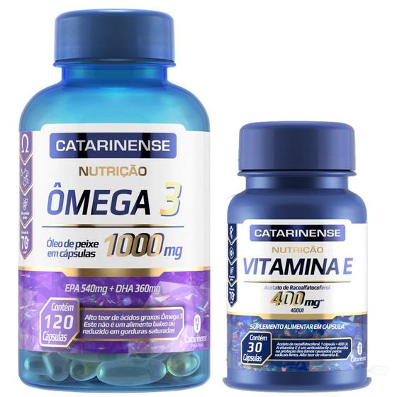 Imagem de Kit 1 Vitamina E 400 mg 30 cáps + 1 Ômega 3 1000mg 120 cáps - Catarinense