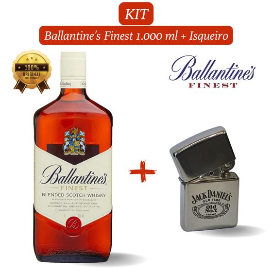 Imagem de Kit 1 Whisky Balantine's Finest 1.000ml com Isqueiro cromado personalizado Jack Daniel's tipo zippo