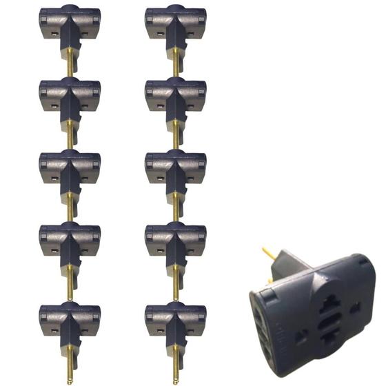 Imagem de Kit 10 Adaptador Tomada Elétrica Plug Padrão Te Benjamim 3 Saídas Para 2 Pinos De 20 Amperes Preto
