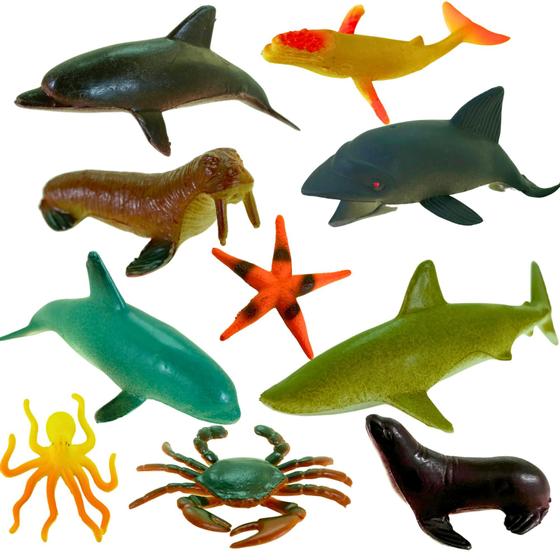 Imagem de Kit 10 Animais Bichinhos Brinquedo Marinhos Peixinho Tubarão Foca