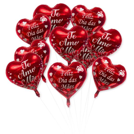 Imagem de Kit 10 Balão Coração Vermelho Dia das Mães Metalizado - 45cm