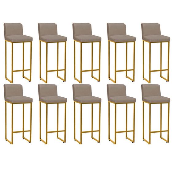 Imagem de Kit 10 Banqueta Alta Com Encosto Lucca -60cm chão até o assento Industrial Ferro Dourado material sintético Bege - Ahazzo Móveis