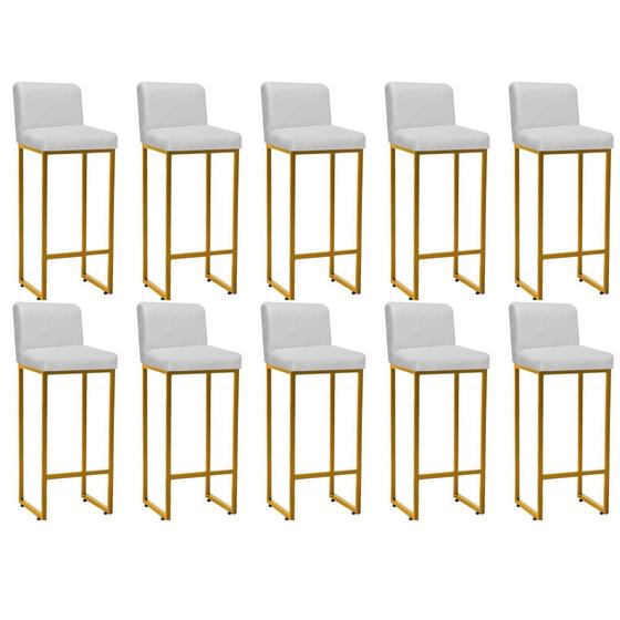 Imagem de Kit 10 Banqueta Alta Com Encosto Lucca -60cm chão até o assento Industrial Ferro Dourado material sintético Branco - Ahz Móveis