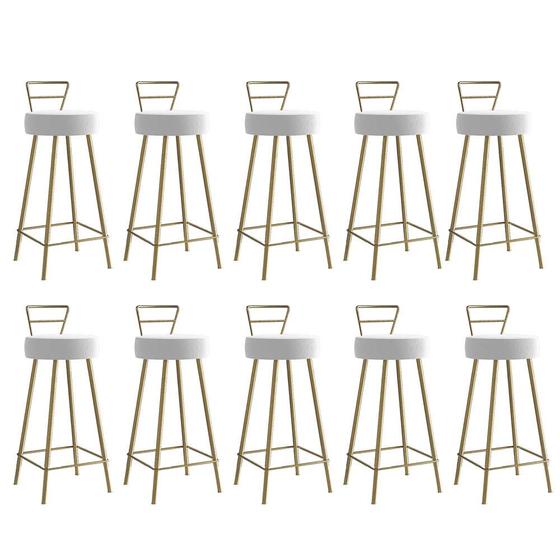 Imagem de Kit 10 Banqueta Alta Com Encosto Tina Eiffel Cozinha Bar Bistrô Ferro Dourado Suede Branco - Ahazzo Móveis