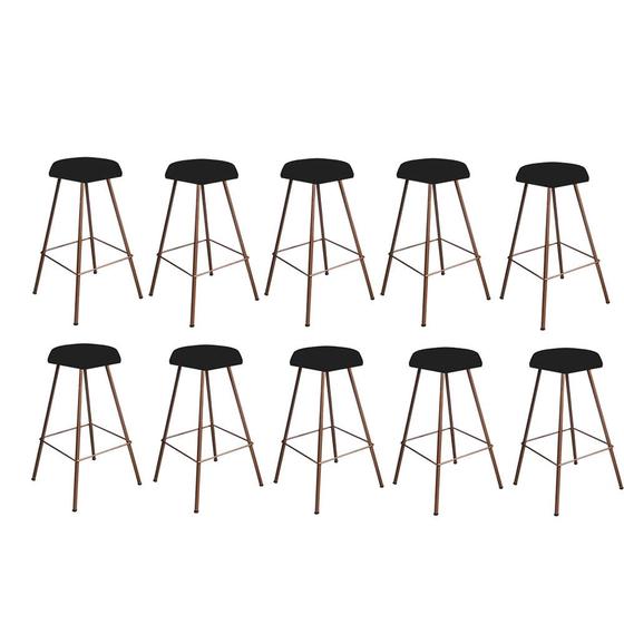 Imagem de Kit 10 Banqueta Alta Lari Eiffel Hexágono Cozinha Bar Balcão Bistrô Ferro Bronze Suede Preto - Ahazzo Móveis