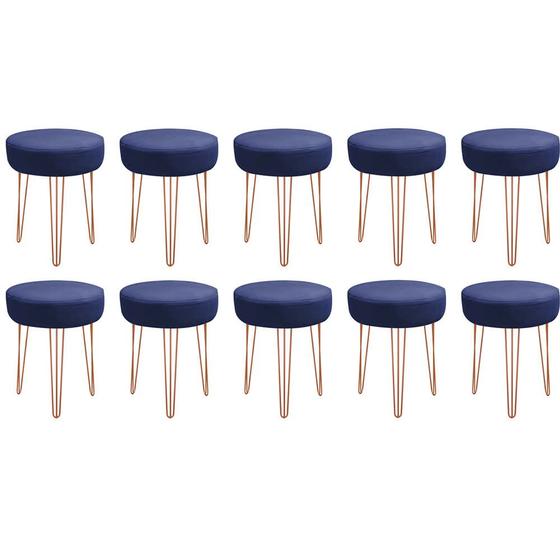 Imagem de Kit 10 Banquetas Puff Jullia Luxo 55cm Industrial Ferro Bronze Suede Azul Marinho - Ahazzo Móveis