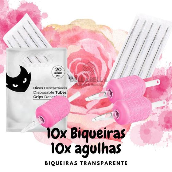 Imagem de Kit 10 Biqueira Rosa 10 Agulha Electric Ink Tattoo Tatuagem