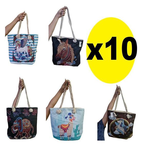 Imagem de Kit 10 Bolsas Feminina Lona c/ Alça de Corda Estampa Sortida