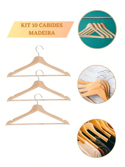 Imagem de Kit 10 Cabides de Madeira Premium Gancho Cromado Giratório 360 Para Roupas Calça Blusa Organização