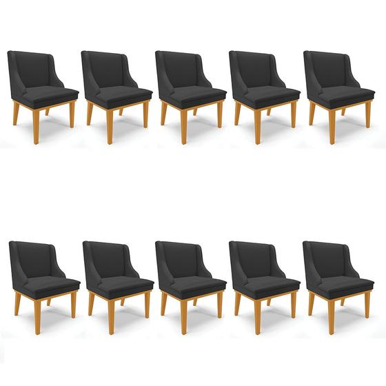 Imagem de Kit 10 Cadeiras de Jantar Liz material sintético Preto Base Fixa Madeira Castanho - D'Rossi