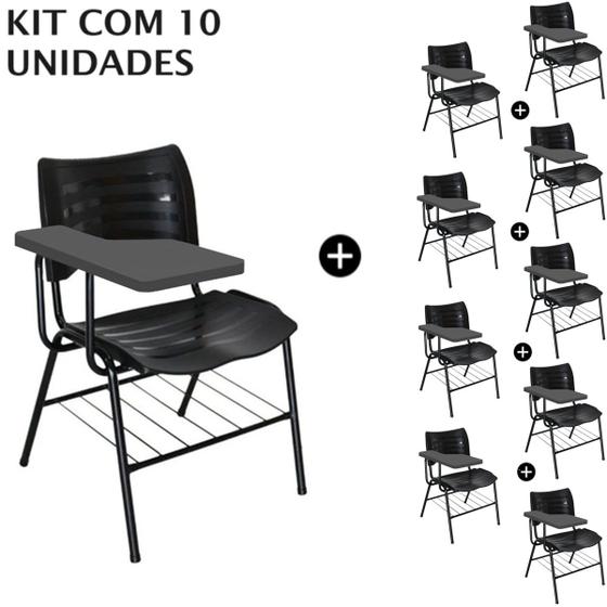 Imagem de KIT 10 Cadeiras Universitárias PRETA com porta livros prancheta Plástica