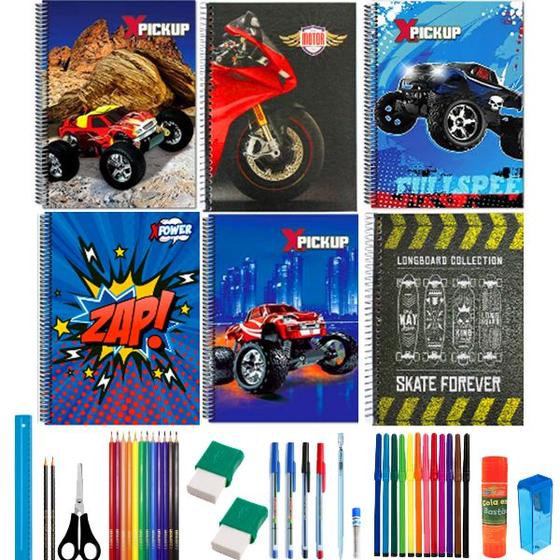 Imagem de Kit 10 Cadernos Estampado Meninos Capa Dura Grande A4 Arame Espiral Com 38 Itens