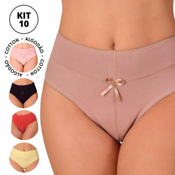 Imagem de Kit 10 Calcinha Atacado Cintura Alta Cós Duplo Reforçado de Cotton Algodão Veste até o 50 Lingerie feminina Direto de fabrica para revenda
