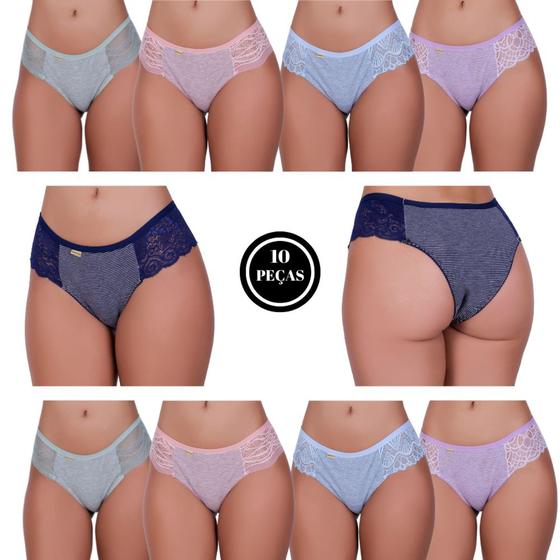 Imagem de Kit 10 Calcinha de Algodao Feminino Tanga Conforto Renda Listrada - KIT 10 CALCINHA LÍVIA