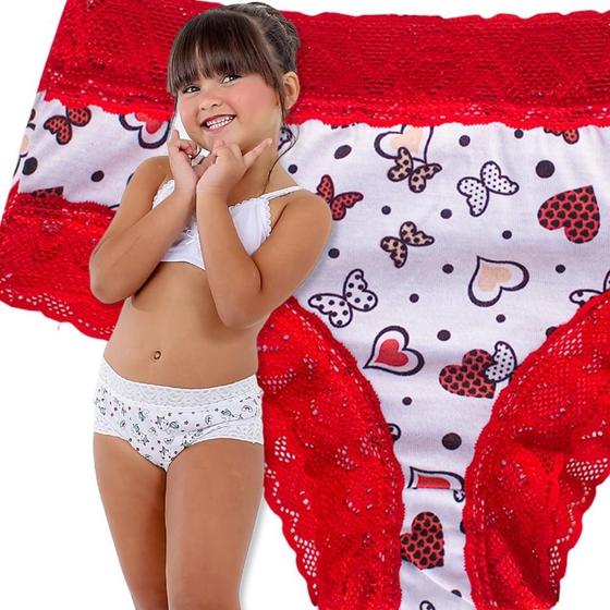 Imagem de kit 10 calcinha infantil menina com rendinha estampada forrinho de algodão