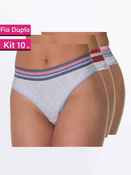 Imagem de Kit 10 Calcinha Tanga Lingerie Fio Duplo Algodão Mescla Feminina Não Marca