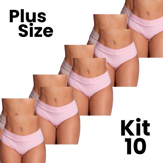 Imagem de Kit 10 Calcinhas Cós Alto Cotton Confortável Plus Size Elasticidade Tamanho Grande