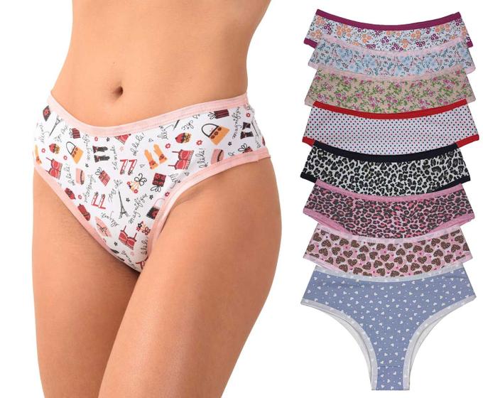 Imagem de Kit 10 Calcinhas Estilo Tangão Cotton Algodão Estampado Cintura Alta Confortável